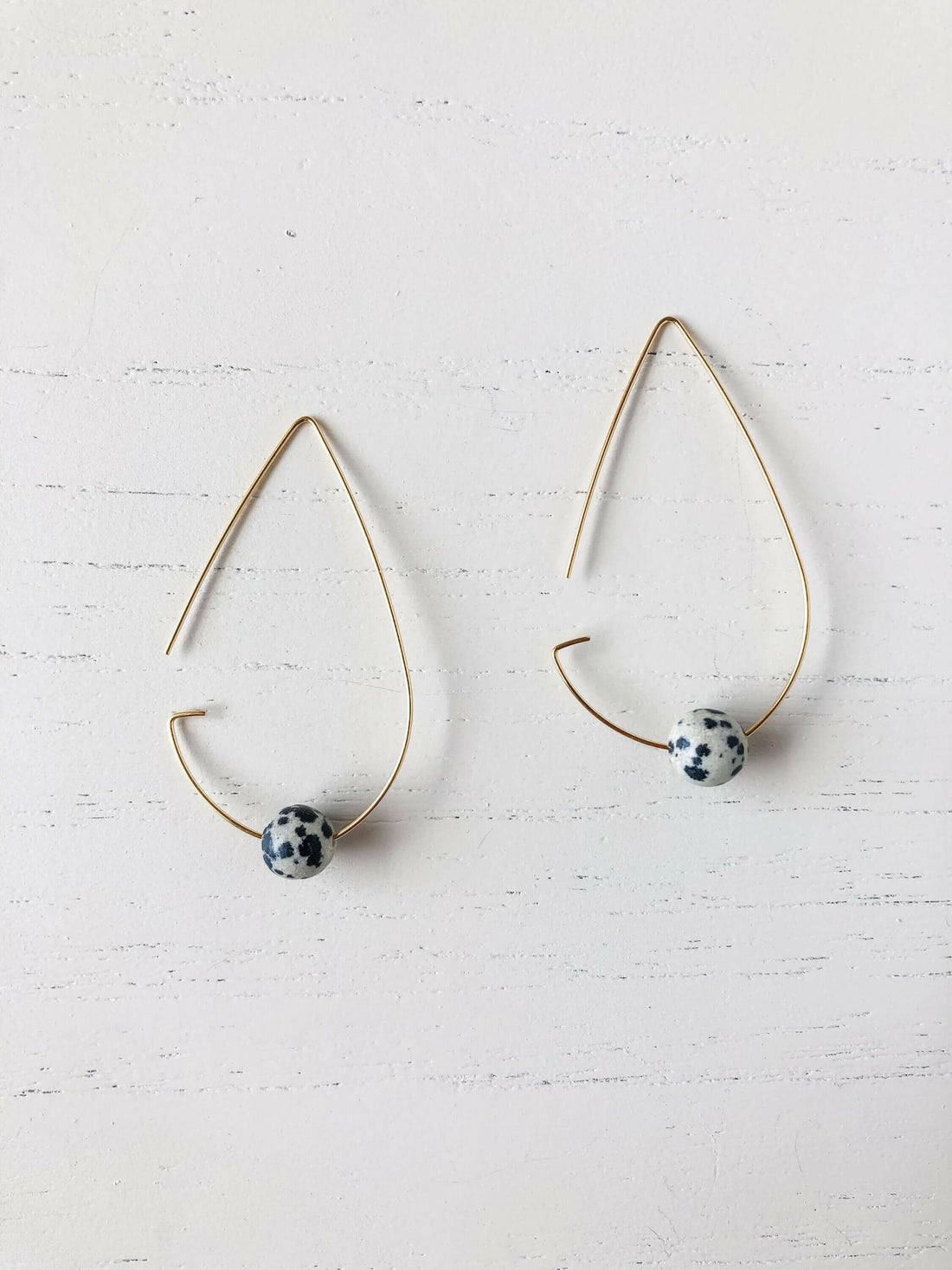 Brass Tear Drop Threader Earrings - Dalmatian Jasper