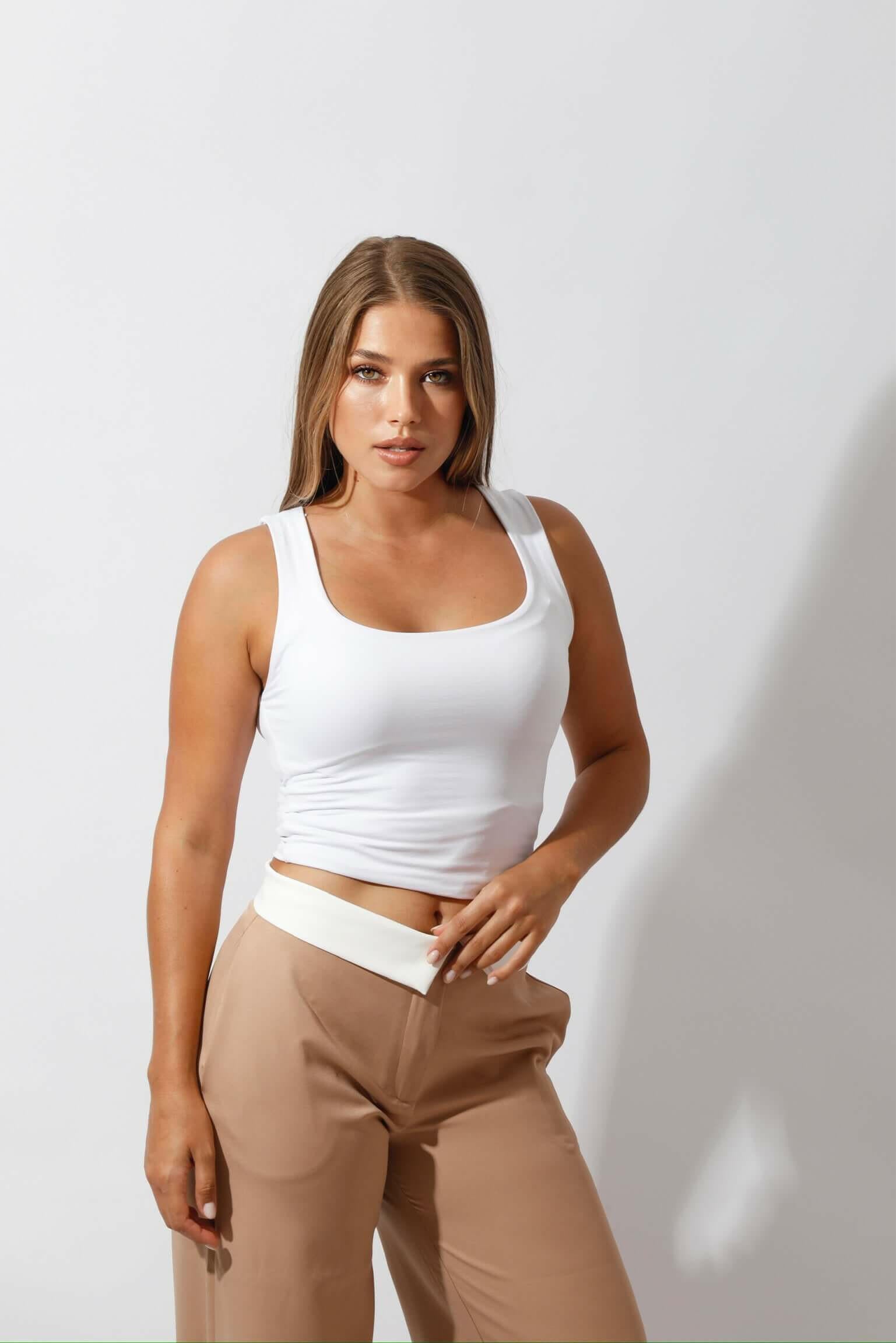 Reversed Waistband Wide Leg Pants - Beige