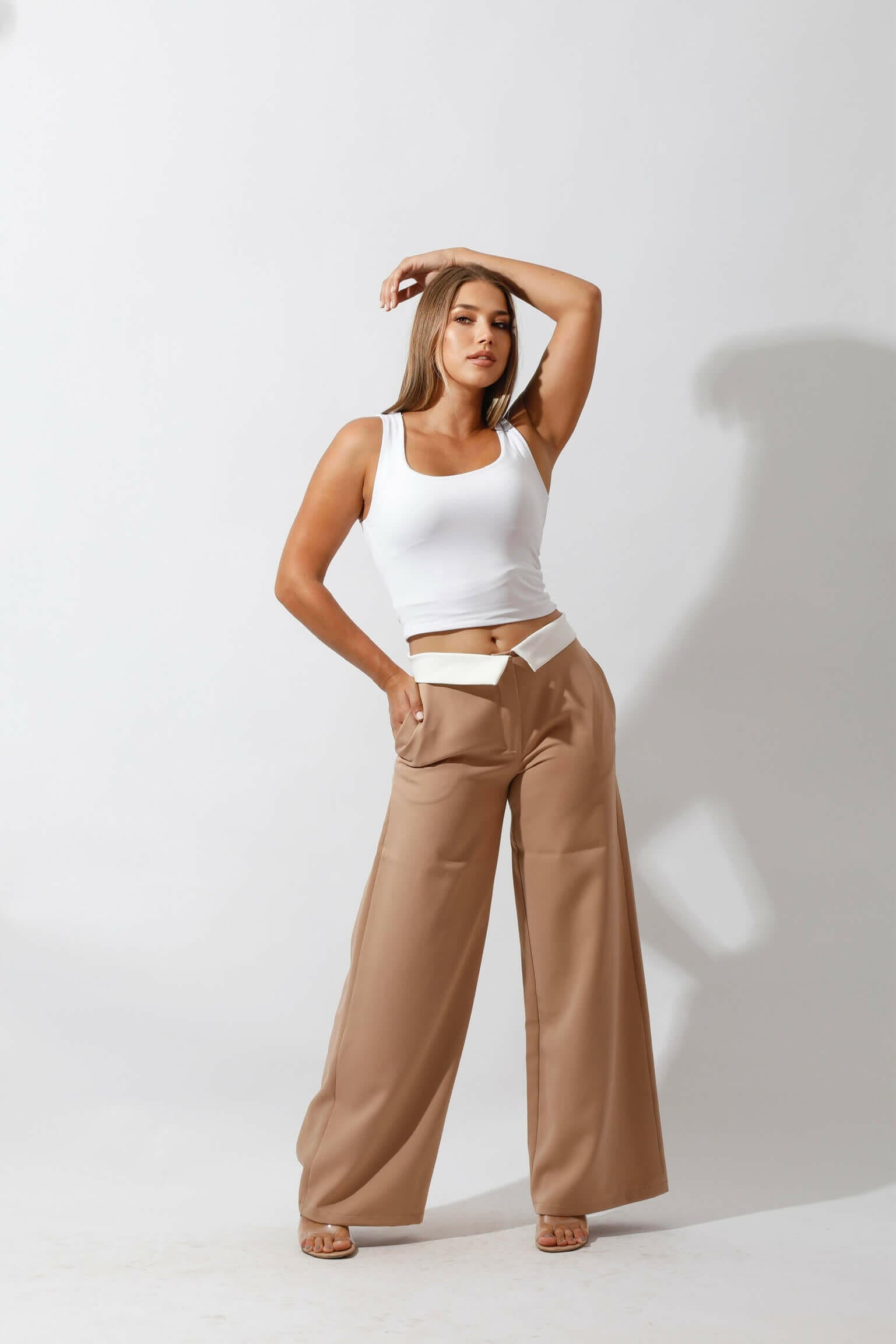 Reversed Waistband Wide Leg Pants - Beige.