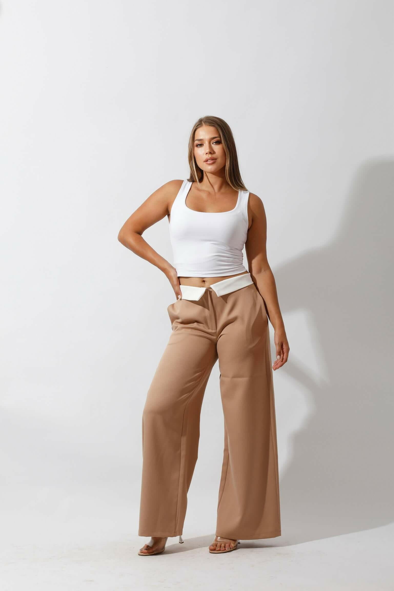 Reversed Waistband Wide Leg Pants - Beige.