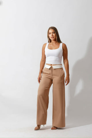 Reversed Waistband Wide Leg Pants - Beige.