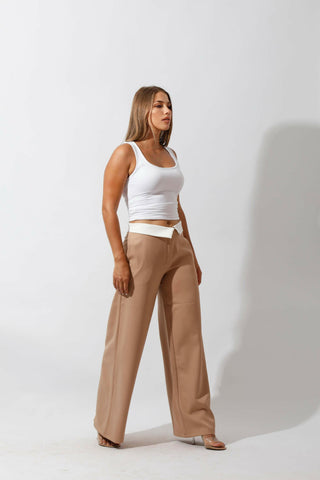 Reversed Waistband Wide Leg Pants - Beige.