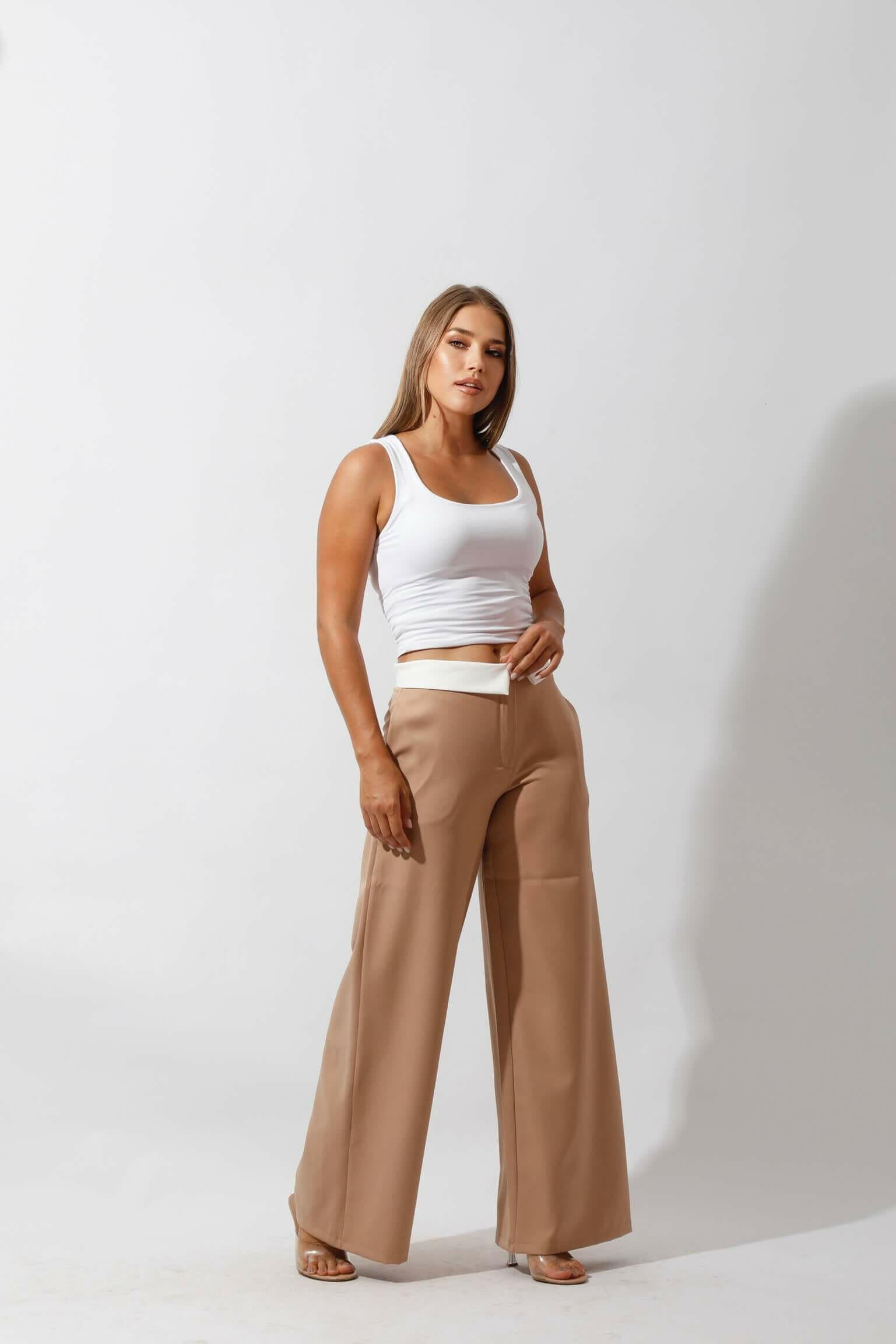 Reversed Waistband Wide Leg Pants - Beige.