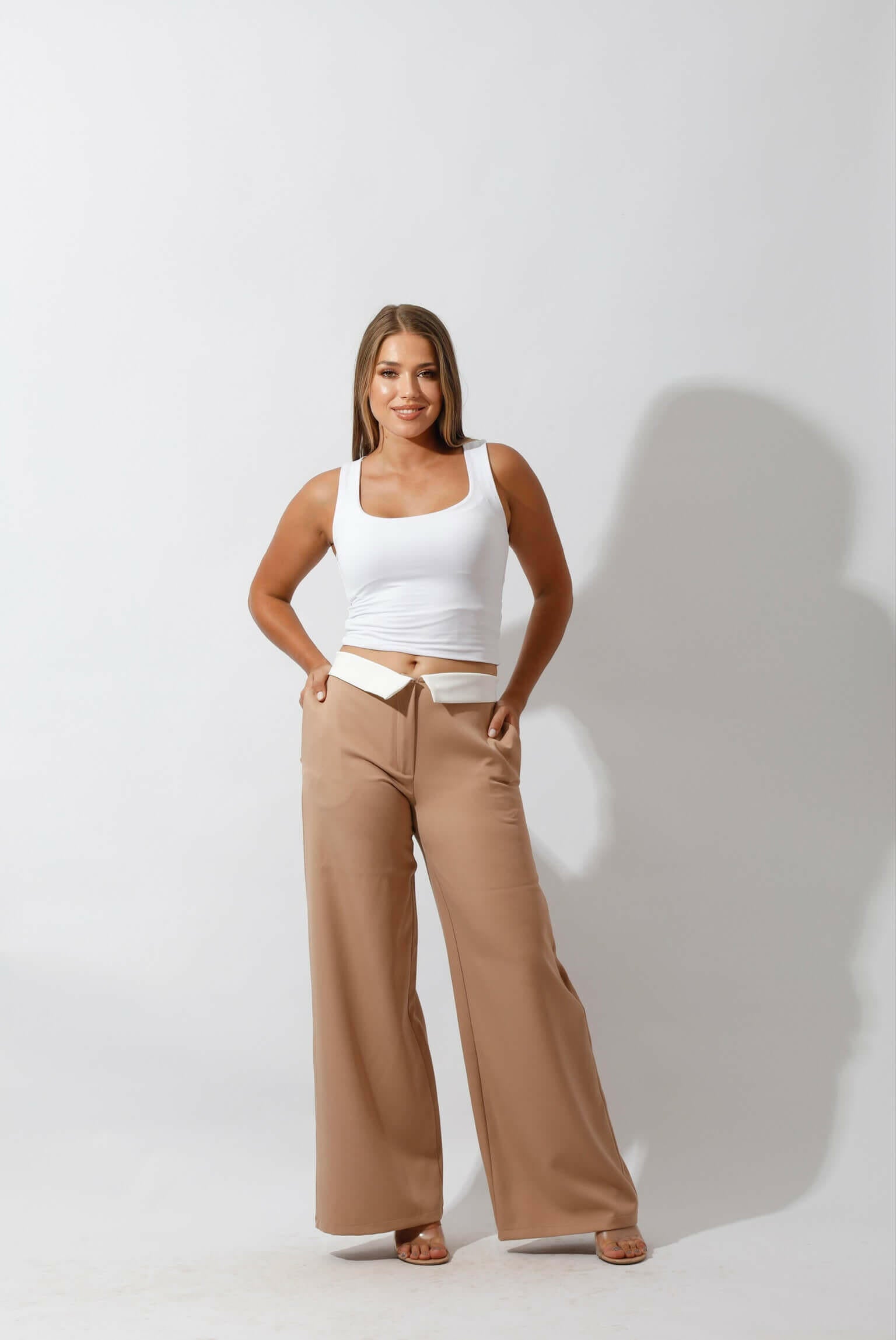 Reversed Waistband Wide Leg Pants - Beige.