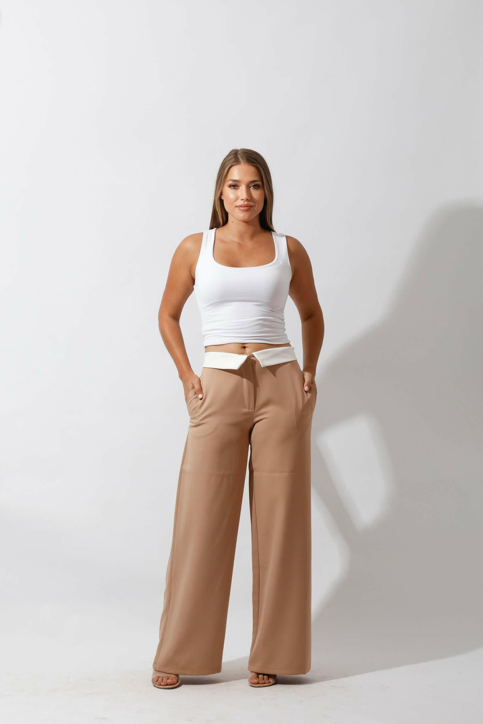 Reversed Waistband Wide Leg Pants - Beige.