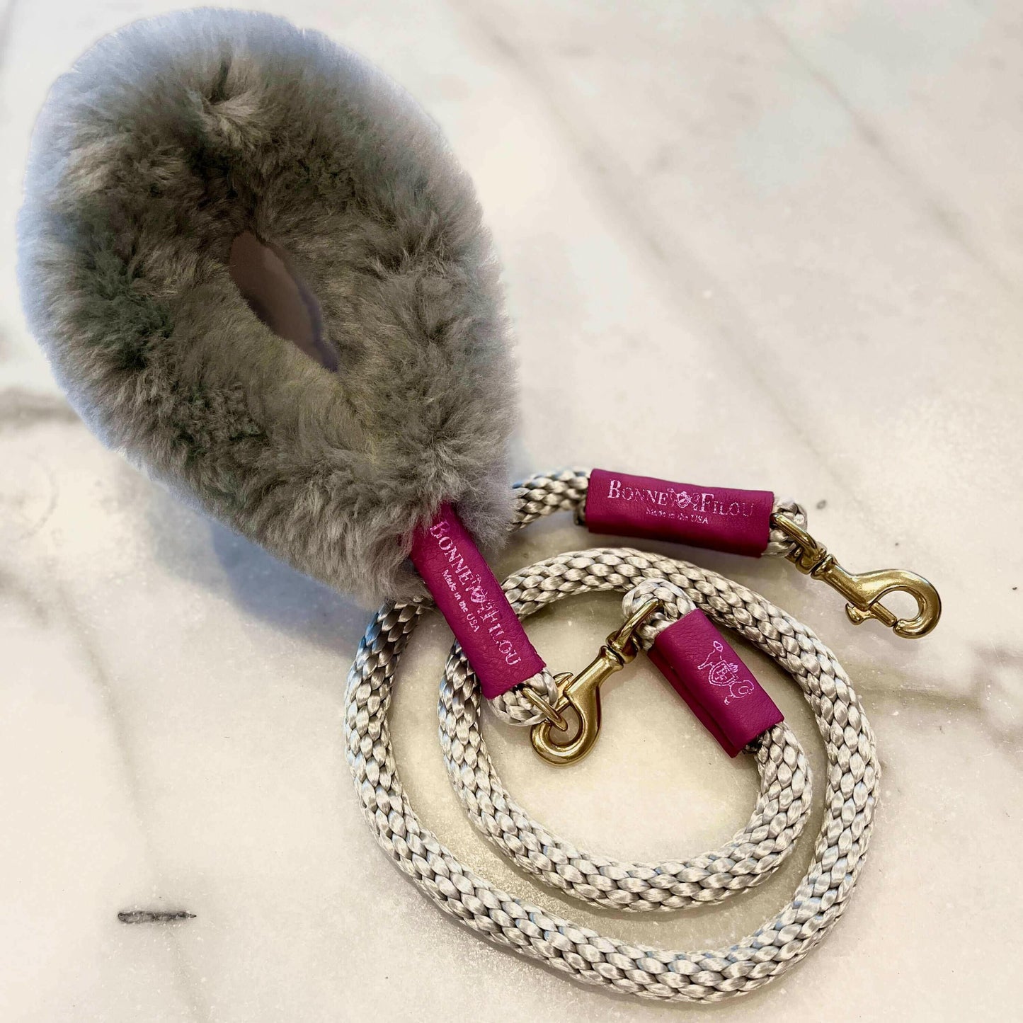 Bundle Shearling Fur Grip + Rope Leash for Dogs.