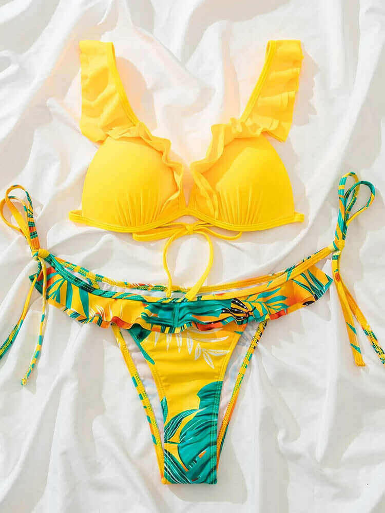 Tropical Print Swimsuit Ruffle Sexy Swimwear