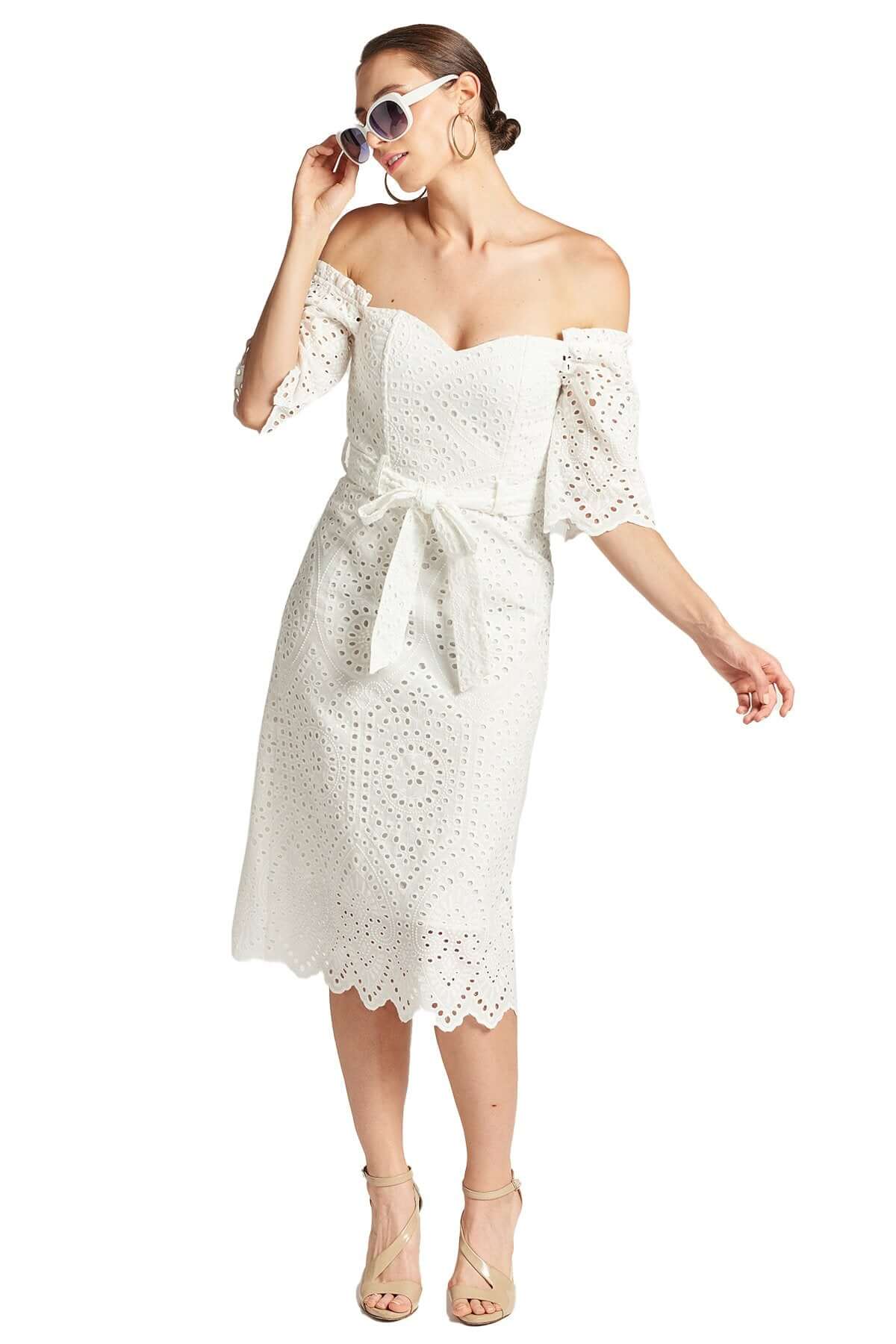 Jasmine Dress - Off the shoulder a-line midi eyelet dress