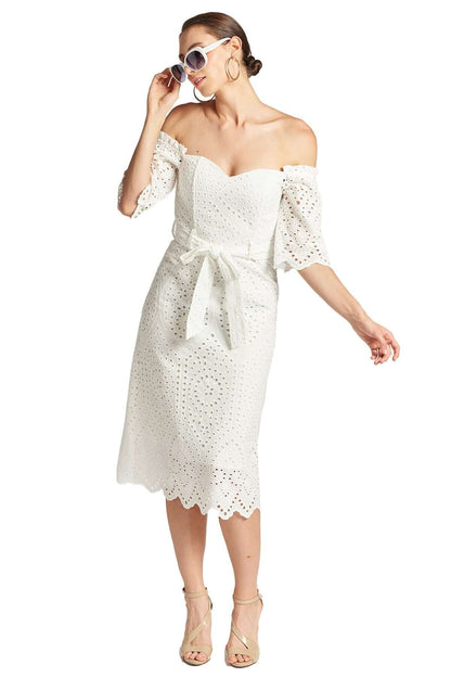 Jasmine Dress - Off the shoulder a-line midi eyelet dress