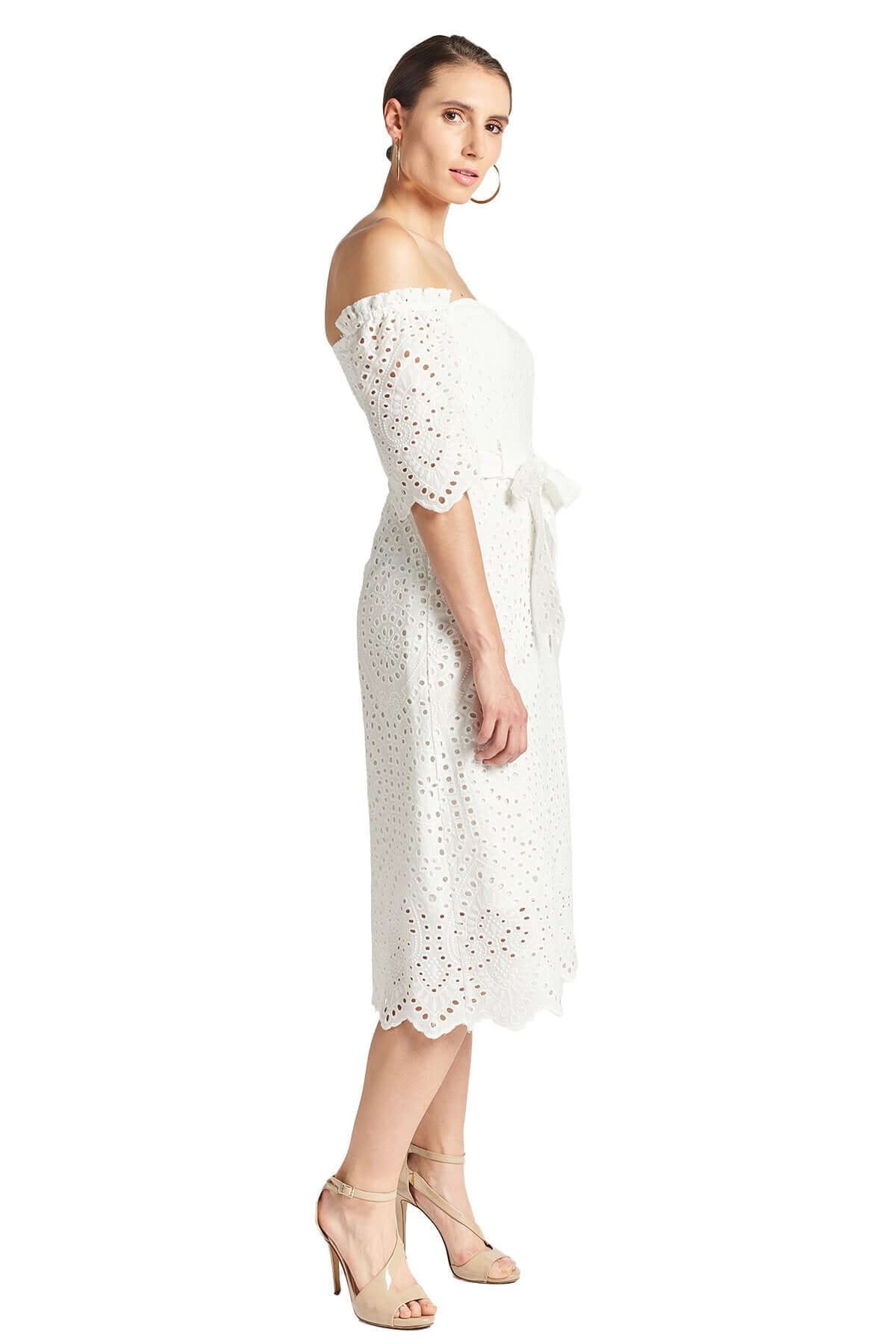 Jasmine Dress - Off the shoulder a-line midi eyelet dress