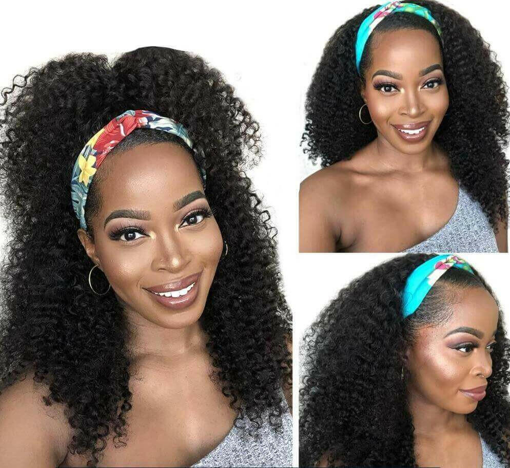 Headband Wig Kinky Curly Human Hair Scarf Wig No GLUE Easy Wear.