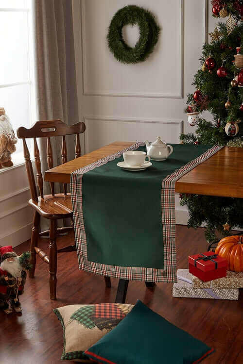 Hunter Green and Red Runner with Plaid Border, Holiday Decor.