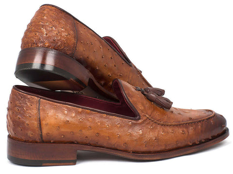 Paul Parkman Camel Brown Genuine Ostrich Tassel Loafers (ID#OST834CML).