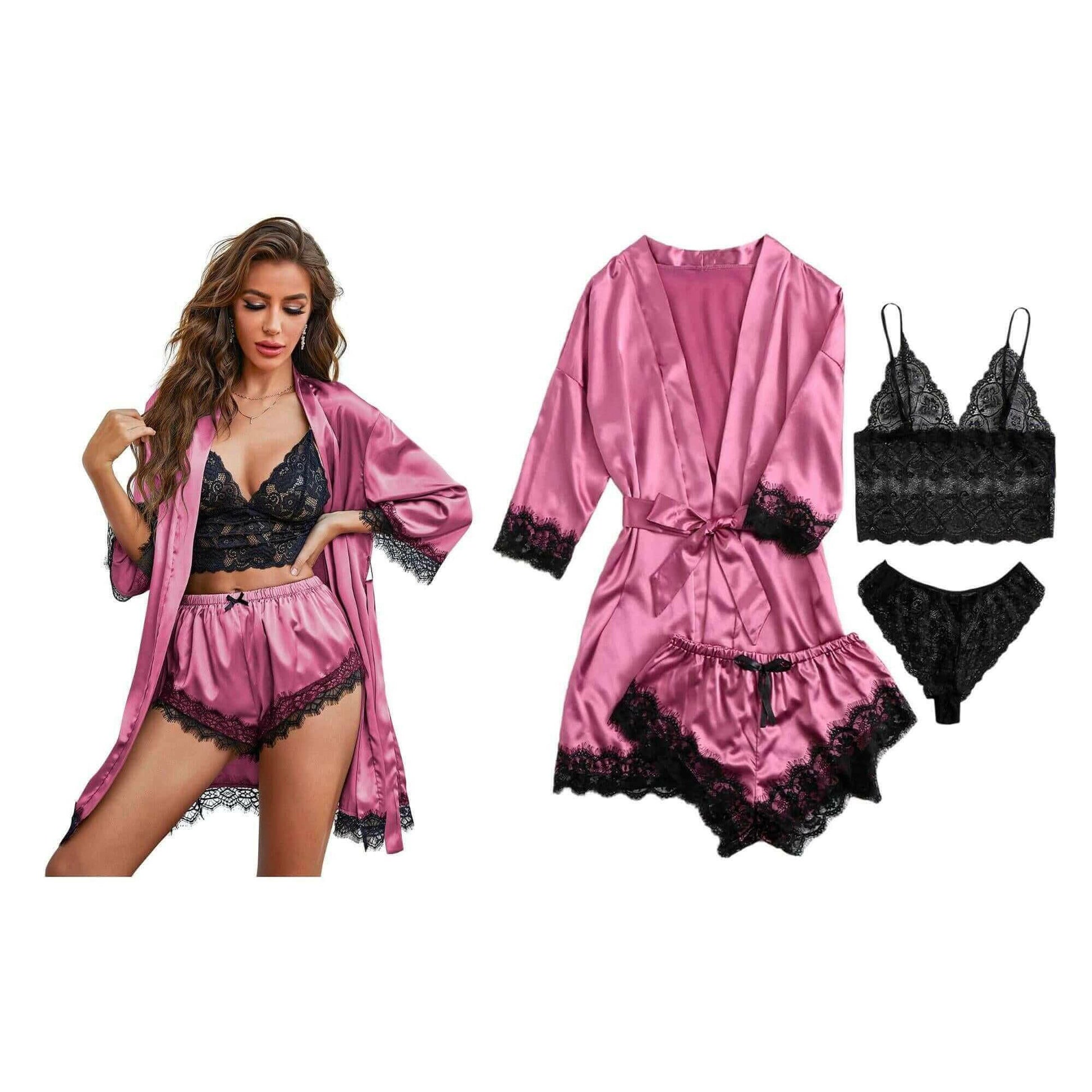 Women's Four-Piece Lace-Trimmed Satin Pajama Set.