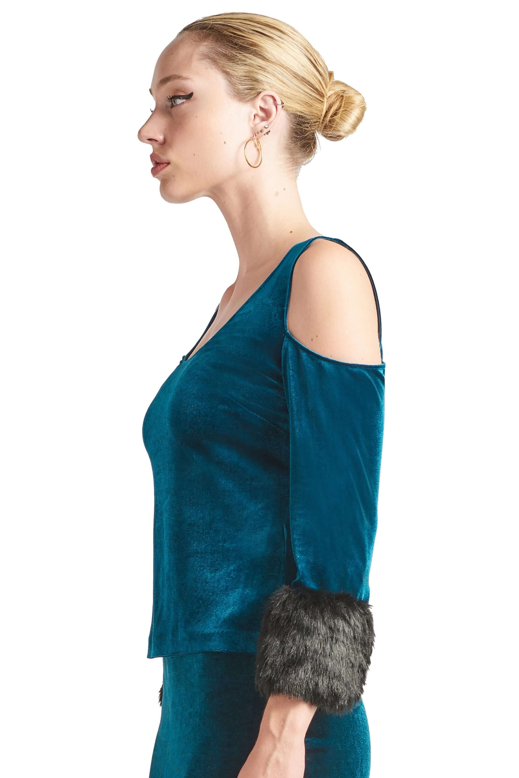 Mia Top - Velvet 3/4 sleeve top with cut-out shoulders &amp; contrast faux