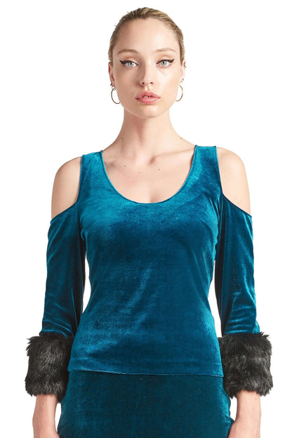 Mia Top - Velvet 3/4 sleeve top with cut-out shoulders &amp; contrast faux