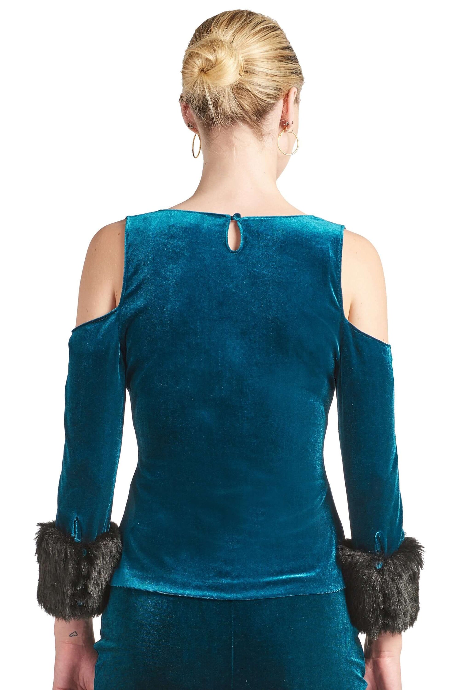 Mia Top - Velvet 3/4 sleeve top with cut-out shoulders &amp; contrast faux