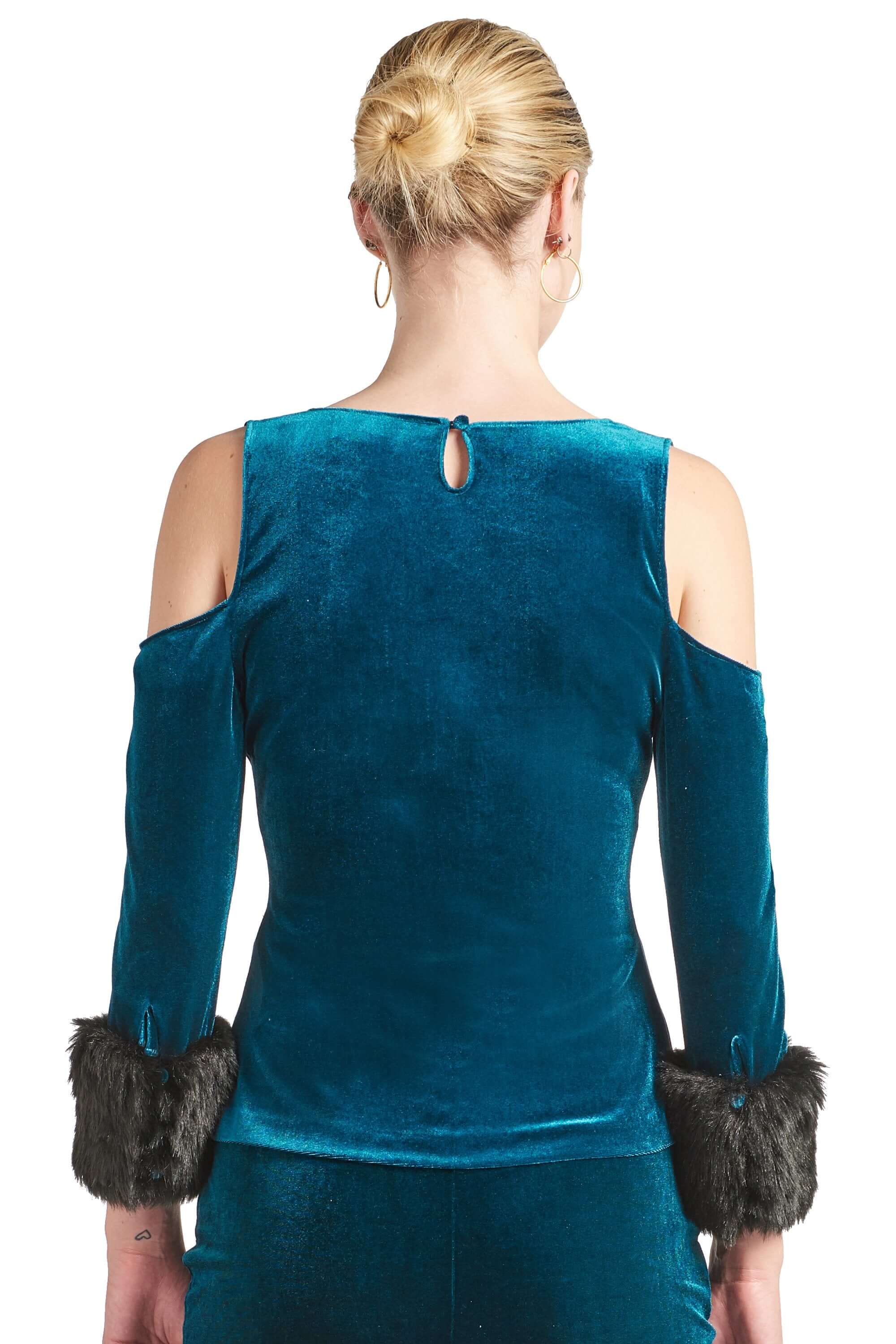 Mia Top - Velvet 3/4 sleeve top with cut-out shoulders &amp; contrast faux
