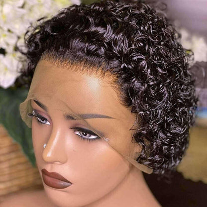 Ombre Short Pixie Cut 13x4x1 T Lace Front Curly Human Hair Wigs 8 Inch.