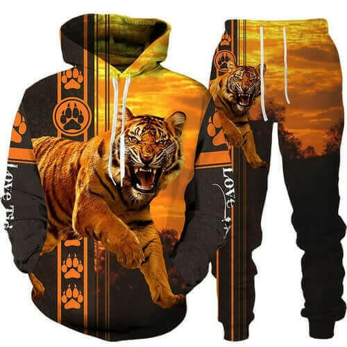 New Animal 3d Tiger Printed Hoodie + Pants Suit Cool Men/women 2 Pcs.