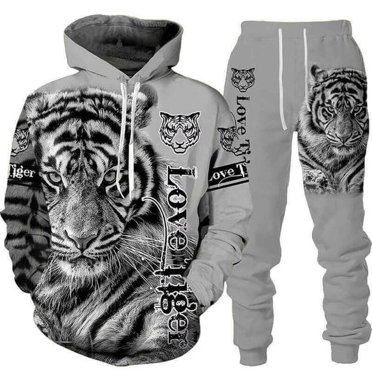 New Animal 3d Tiger Printed Hoodie + Pants Suit Cool Men/women 2 Pcs.