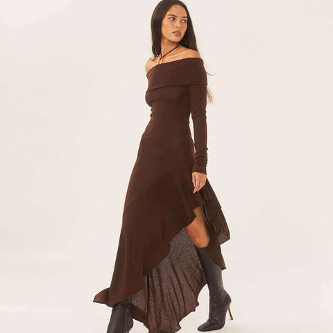 One-Shoulder Long Sleeve Fitted Mermaid Hem Maxi Dress