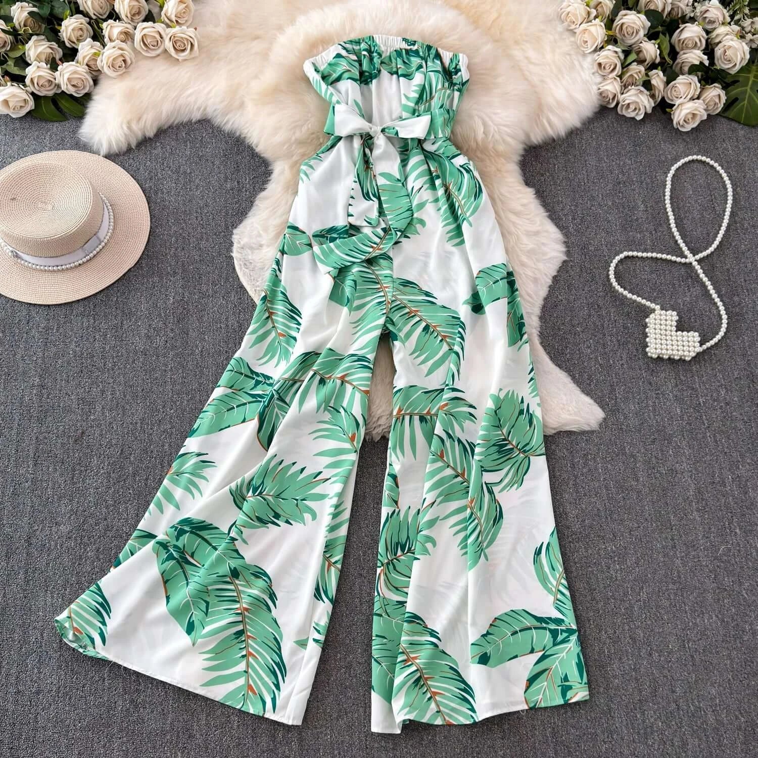 Seaside Holiday Floral Print Tube Top Sexy Open Back Chiffon Jumpsuit Fashion Loose Temperament Loose Pants Jumpsuit