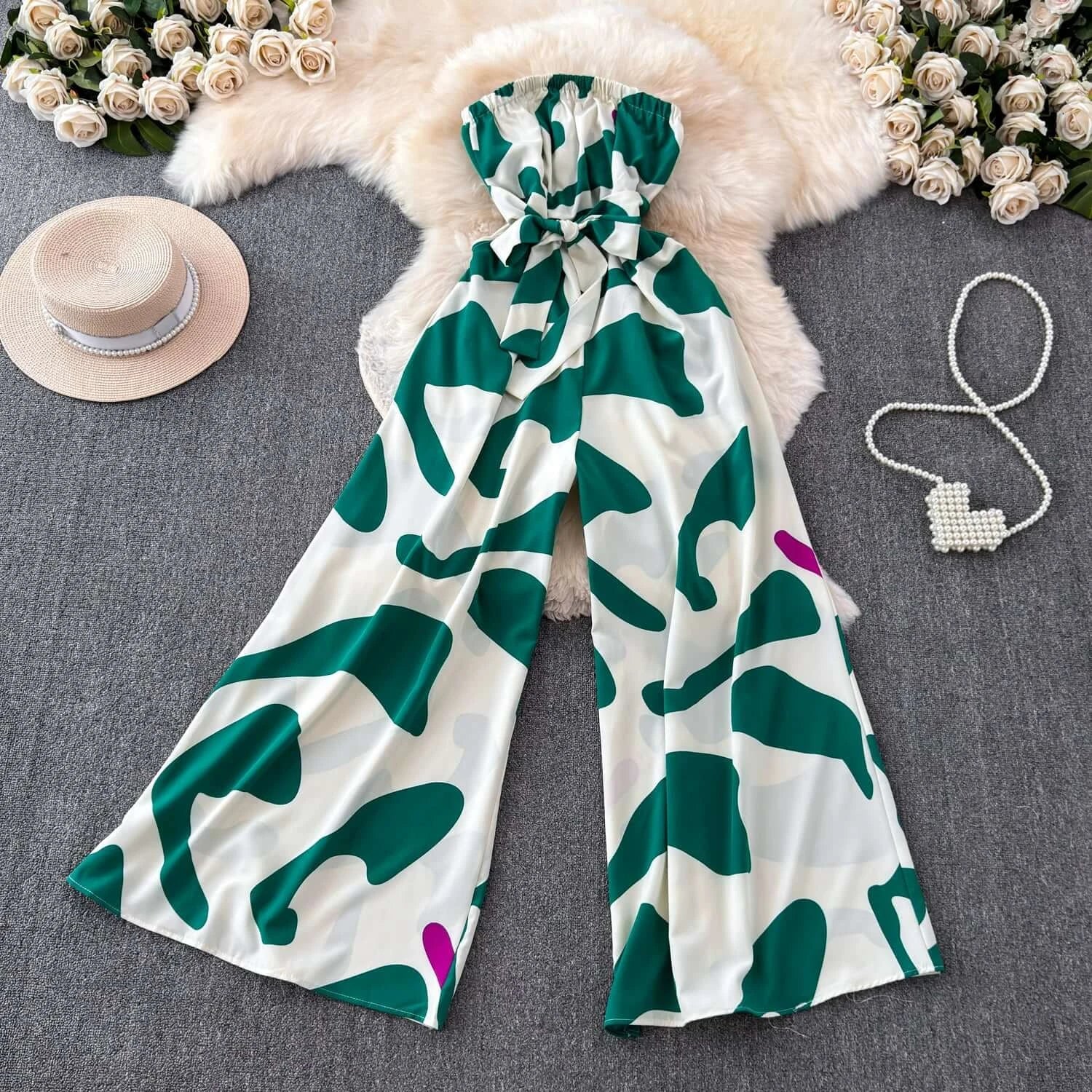 Seaside Holiday Floral Print Tube Top Sexy Open Back Chiffon Jumpsuit Fashion Loose Temperament Loose Pants Jumpsuit