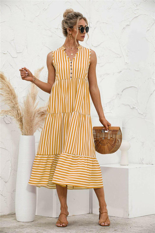 Fashion Casual Striped Patchwork Big Swing Midi Dresses.