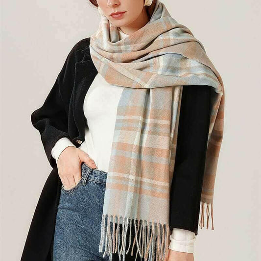 Women's Fall Winter Scarf Classic Tassel Plaid Scarf Warm Tartan Wrap.