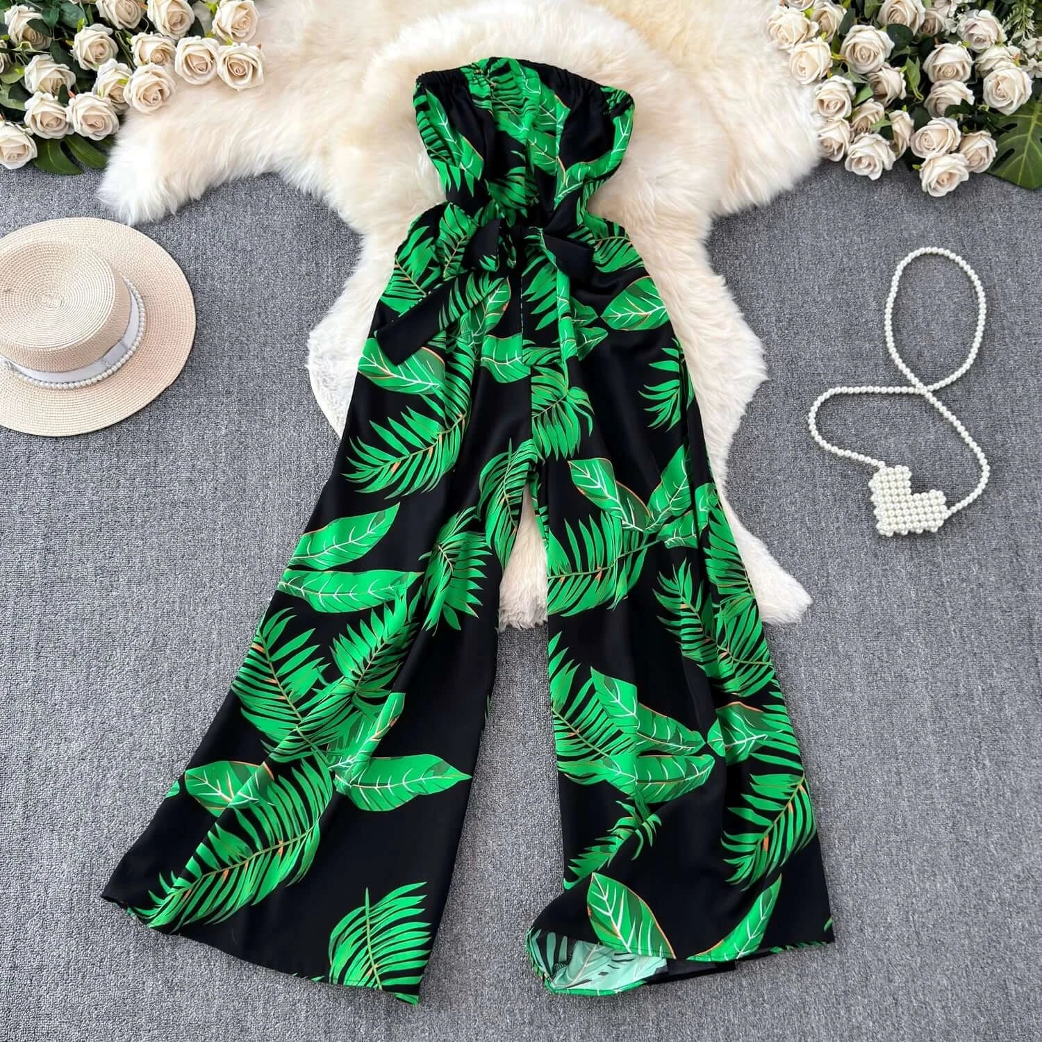 Seaside Holiday Floral Print Tube Top Sexy Open Back Chiffon Jumpsuit Fashion Loose Temperament Loose Pants Jumpsuit