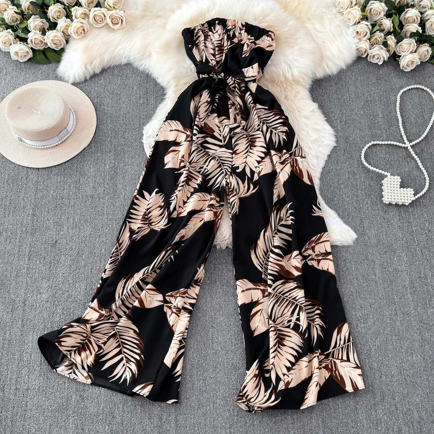 Seaside Holiday Floral Print Tube Top Sexy Open Back Chiffon Jumpsuit Fashion Loose Temperament Loose Pants Jumpsuit