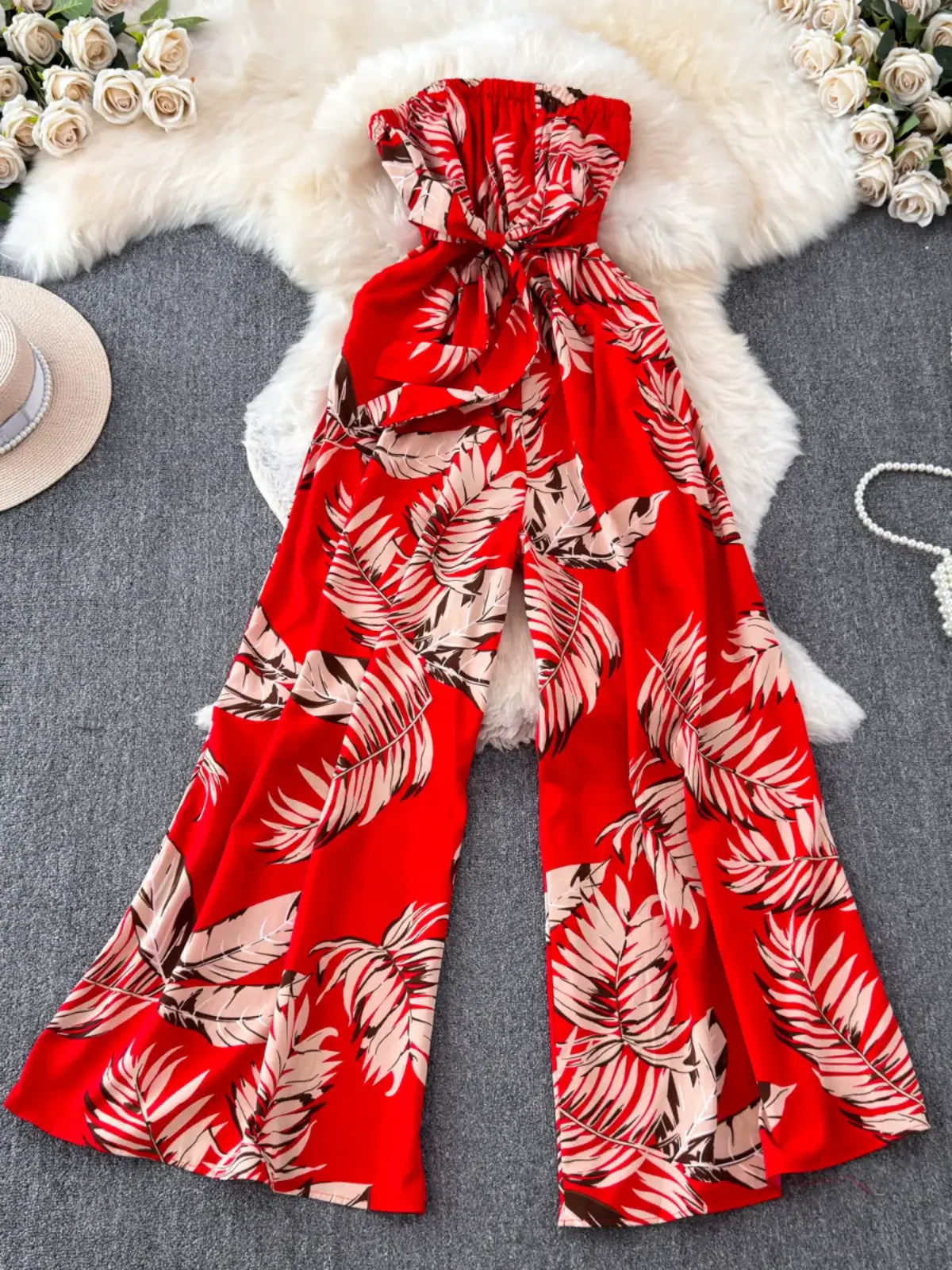 Seaside Holiday Floral Print Tube Top Sexy Open Back Chiffon Jumpsuit Fashion Loose Temperament Loose Pants Jumpsuit