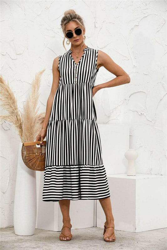 Fashion Casual Striped Patchwork Big Swing Midi Dresses.