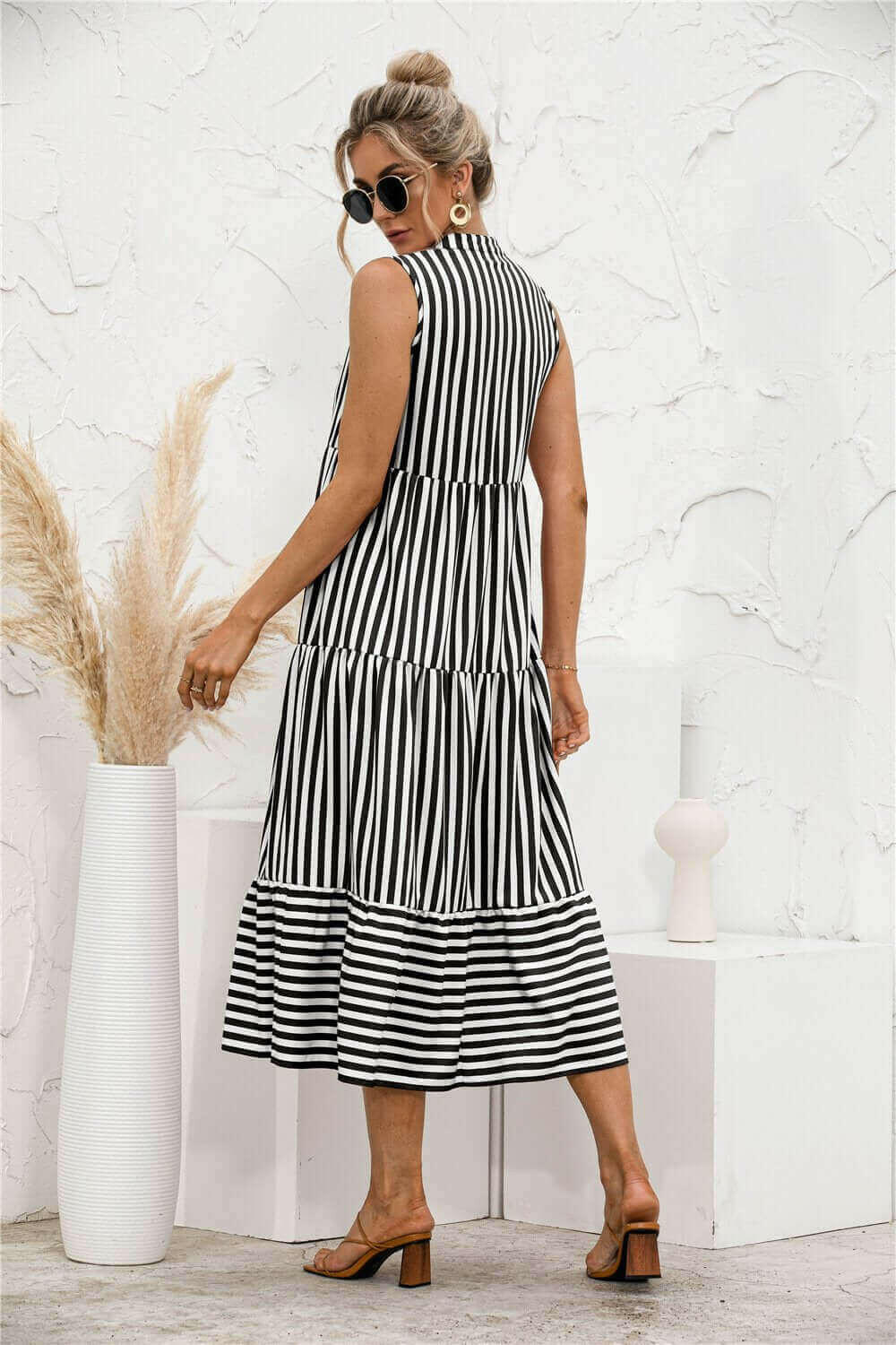 Fashion Casual Striped Patchwork Big Swing Midi Dresses