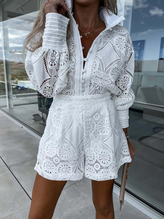 Solid Color Single Breasted Lace Shorts Set