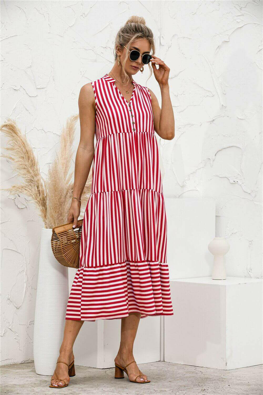 Fashion Casual Striped Patchwork Big Swing Midi Dresses