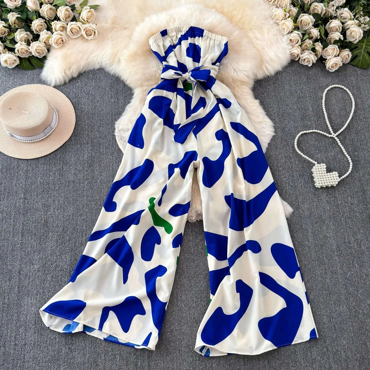 Seaside Holiday Floral Print Tube Top Sexy Open Back Chiffon Jumpsuit Fashion Loose Temperament Loose Pants Jumpsuit