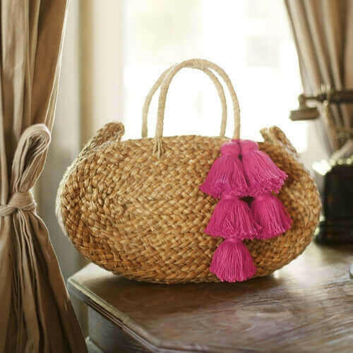 Oval Luna Straw Tote Bag - with Fuschia Pink Tassels.