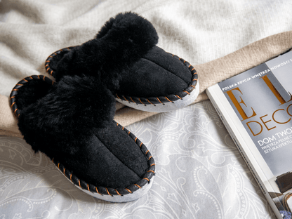 Black Shearling Sheepskin Mules.