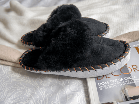 Black Shearling Sheepskin Mules.