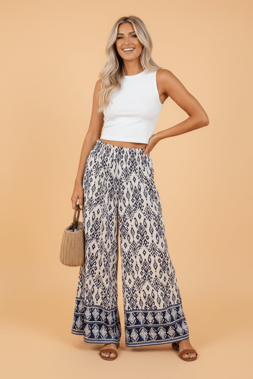 Boho Smocked High Waist Wide Leg Pants