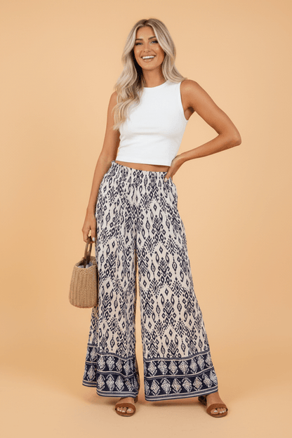 Boho Smocked High Waist Wide Leg Pants