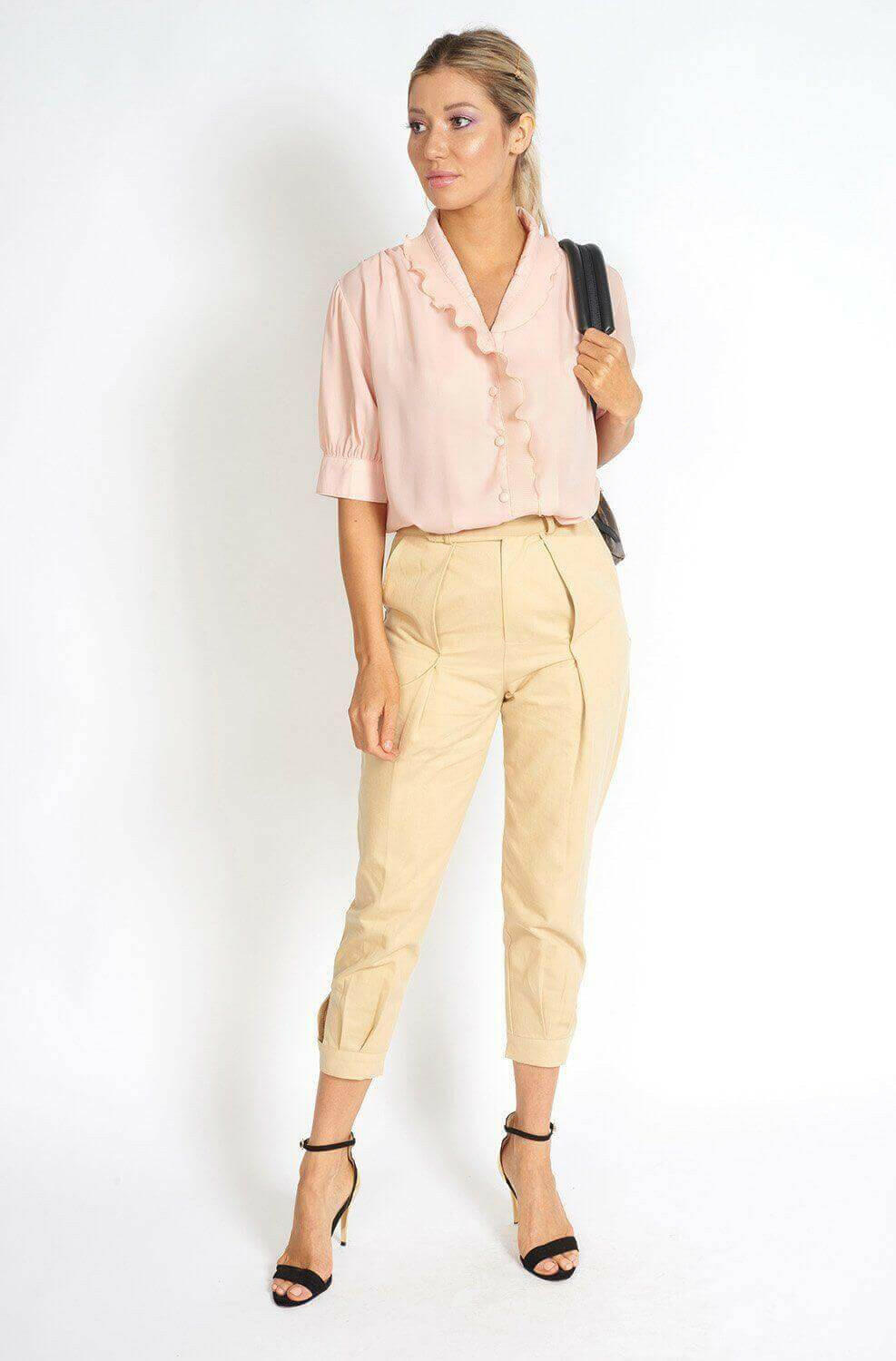 Pleated Beige Capri Pants.