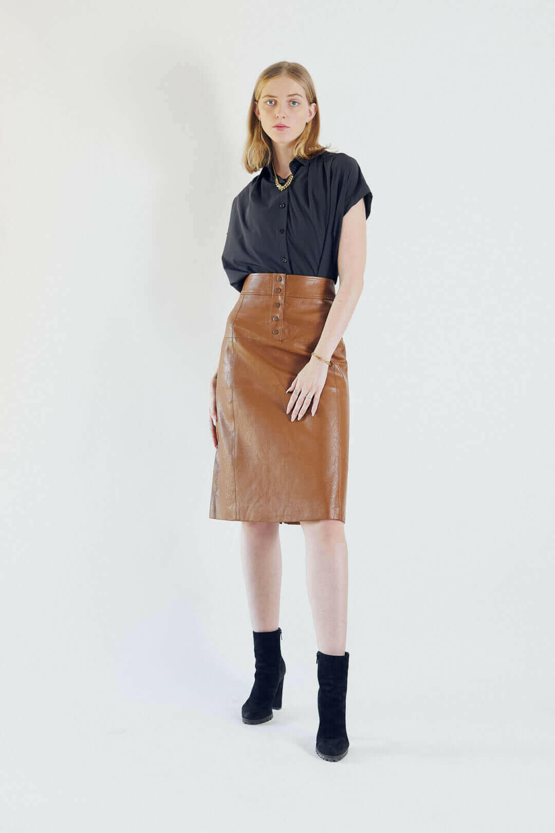 Glossy Brown Vegan Leather Pencil Skirt.