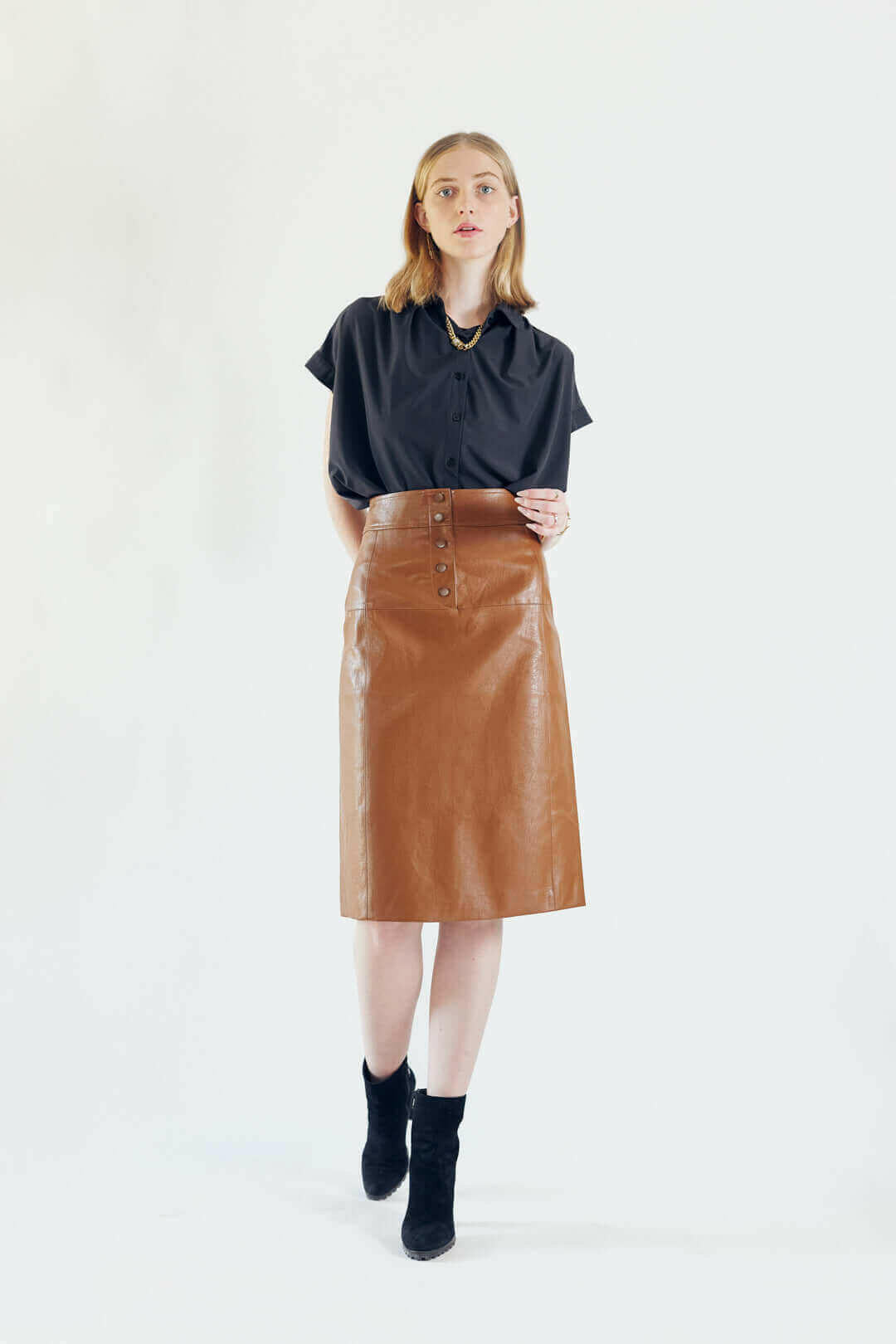 Glossy Brown Vegan Leather Pencil Skirt.