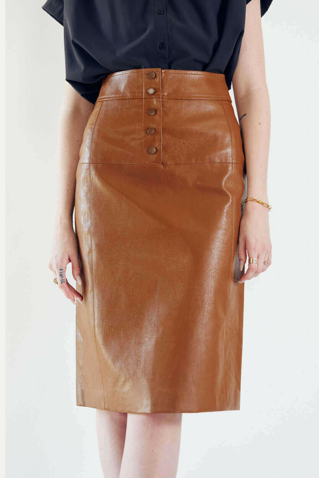 Glossy Brown Vegan Leather Pencil Skirt.