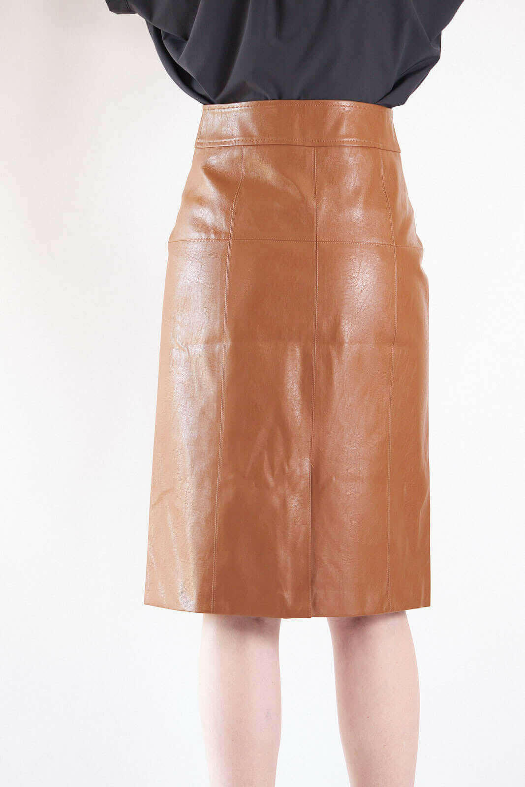 Glossy Brown Vegan Leather Pencil Skirt.