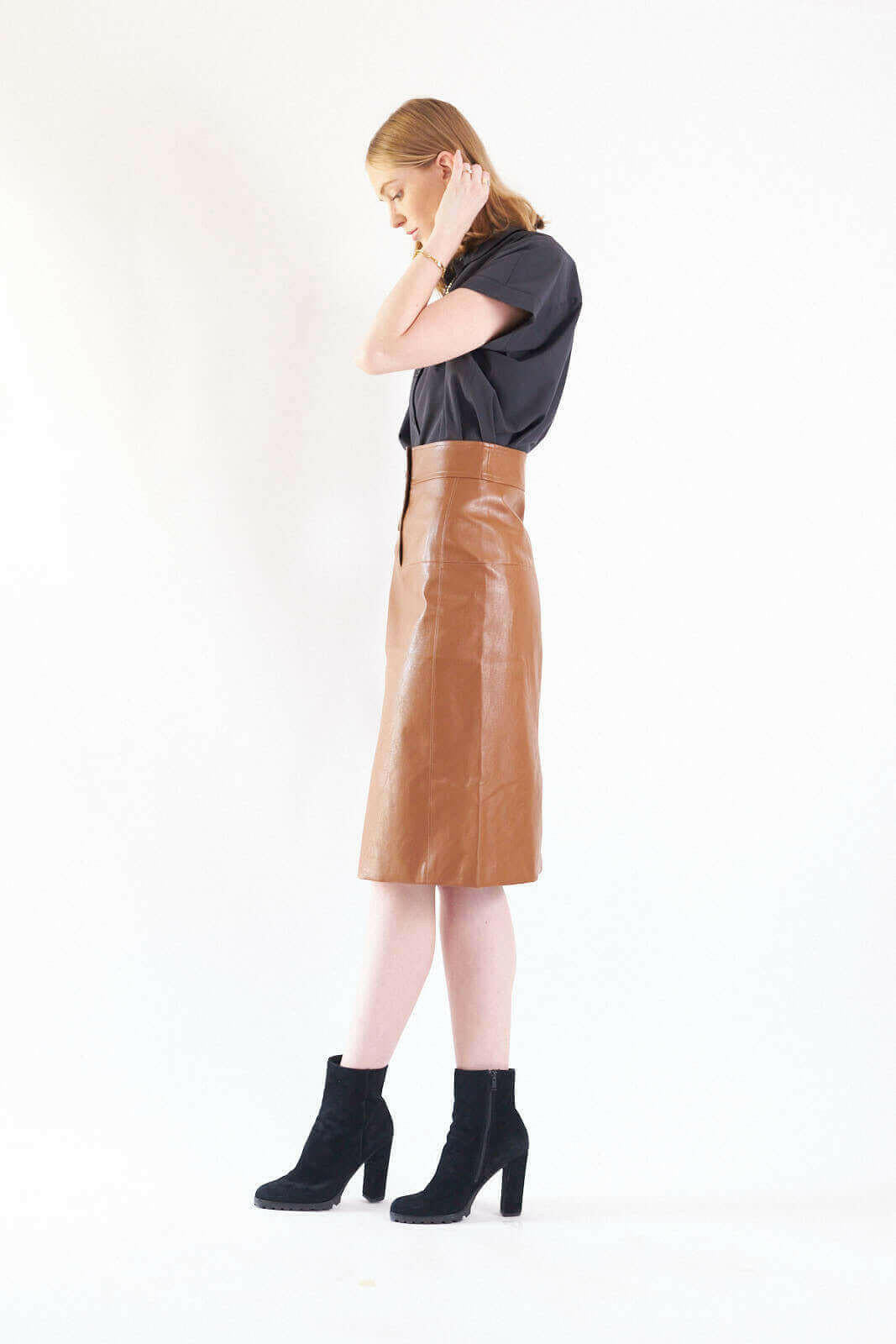 Glossy Brown Vegan Leather Pencil Skirt.