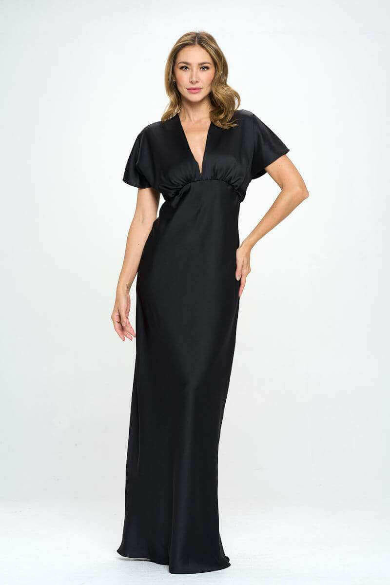 Satin Solid Deep V neck Formal Dress.